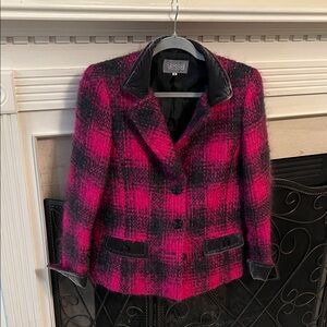Vintage Japanese Pink & Gray Plaid Wool Blazer, Velvet Trim, Size 40, women 8-10